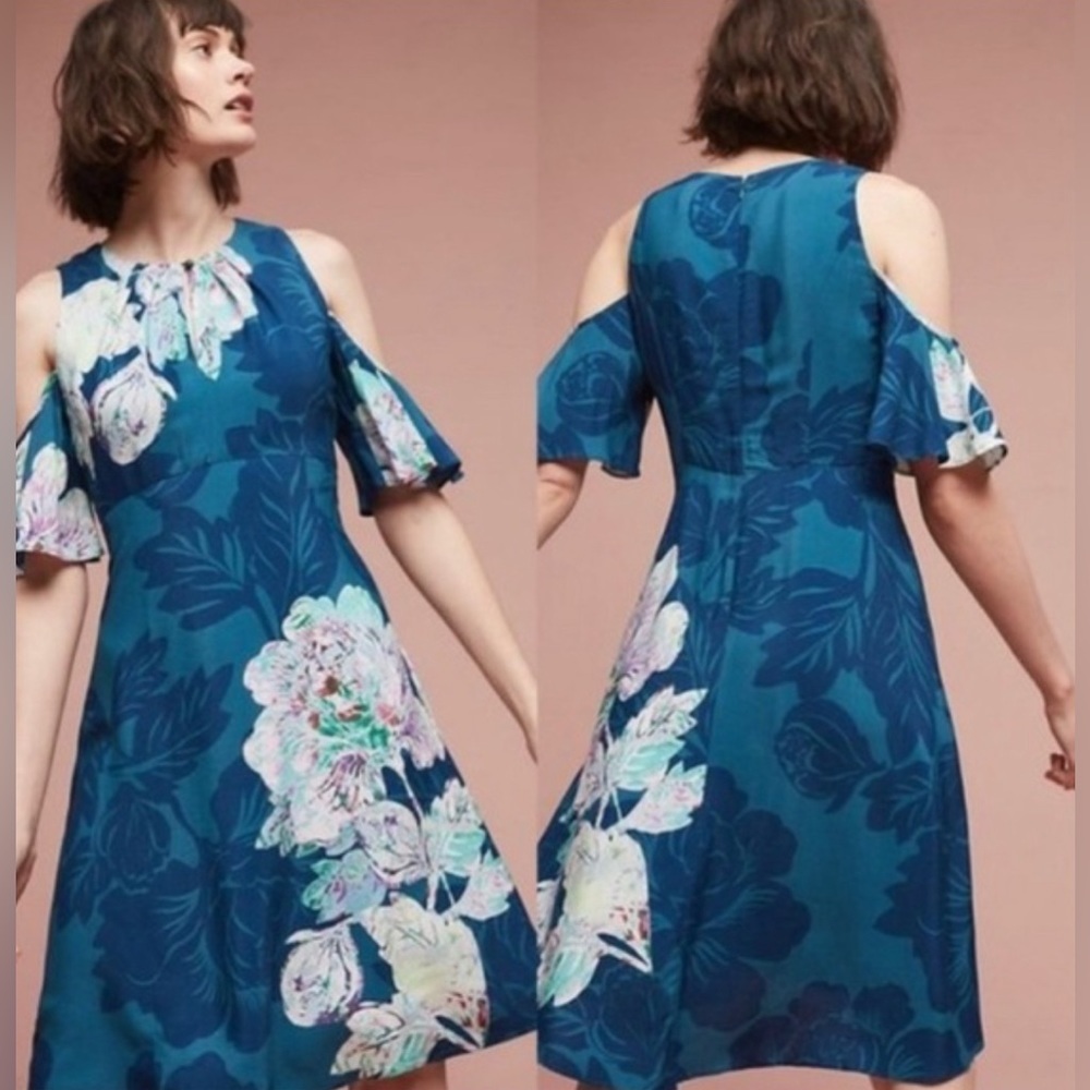 Maeve Teal Blue Floral Cold-Shoulder Dress